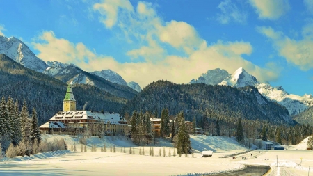 Ski Resort - sky, forest, snow, clouds, mountains