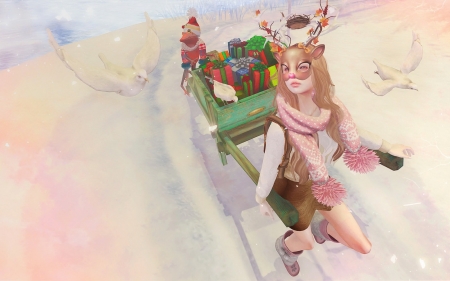 Fantasy girl - woman, rendering, craciun, girl, fantasy, christmas, horns, candy, reindeer, game, pink, green