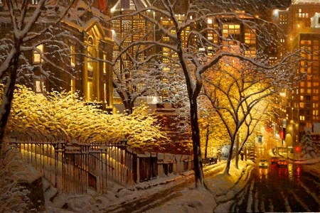 Winter in NY - street, houses, evening, light, trees, cars, snow