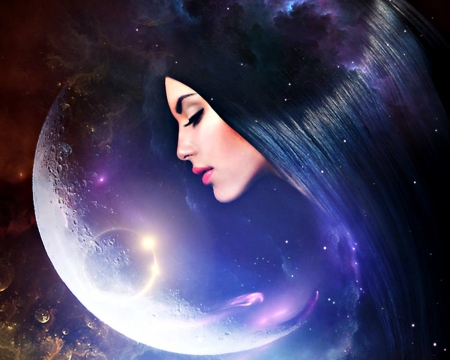 Moon face - woman, girl, night, black, fantasy, moon face, elenadudina, blue, luna