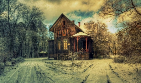 House in Winter - trees, clouds, snow, wooden, hdr