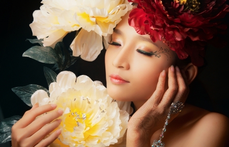 Oriental beauty - woman, girl, asian, model, face, yellow, red, peony, flower