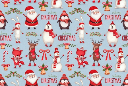 Christmas pattern - rabbit, snowman, blue, fox, pattern, santa, white, red, texture, reindeer, paper, penguin