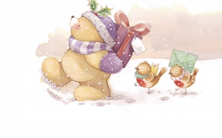 Santa's helpers - draw, bird, anime, winter, letter, christmas, craciun, teddy bear, cute, gift, art