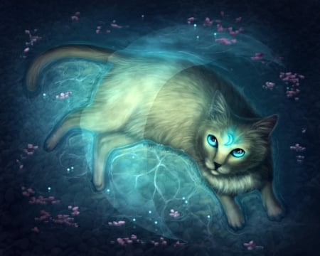 Magic moon cat - magic moon cat, luminos, blue, water, animal, luna, wolfsecho, fantasy