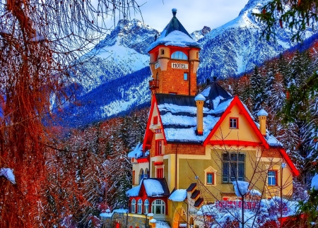 Hotel in the Mountains - winter, hotel, tree, mountain