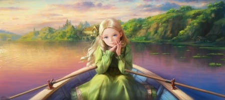 Cute Girl - lake, art, pretty, girl, anime, boat