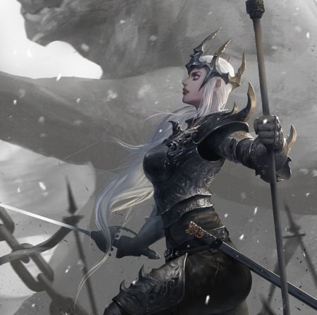 To Battle - rude, elf, warrior, long hair, knight, crown, fantasy, armor, abstract, battle, dark, beautiful, weapon, fantasy woman, sword, white hair