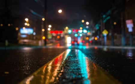 Lighted Street at Night - blurred, shiney, lights, Street, night