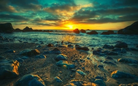 Blue Sunset Rocky Shore - shore, sunset, water, nature, blue, rocks