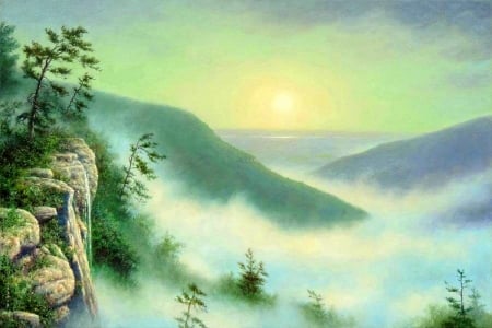 Morning Mist - attractions in dreams, trees, draw and paint, mountains, mist, nature, love four seasons, paintings, sunrise