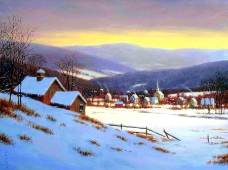 Peaceful Valley - attractions in dreams, xmas and new year, valley, trees, villages, draw and paint, winter, cottages, nature, love four seasons, holidays, snow, paintings