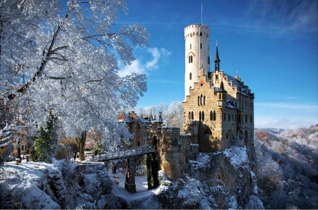 Castle Lichtenstein, Germany - ice, trees, landscape, snow, winter, frozen, mountains