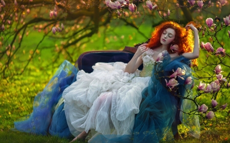 In Bloom - red hair, female, nature, woman, dress, beauty