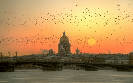 sunset over st petersberg - buidling, sunset, bridge, st petersberg