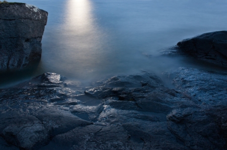 Moonlit Waters - moon, water, sea, rocks