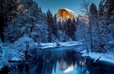 Winter landscape - trees, hills, winter, beautiful, landscape, forest, reflection, mountain, ice, peak, cliffs, cold, frost, lake