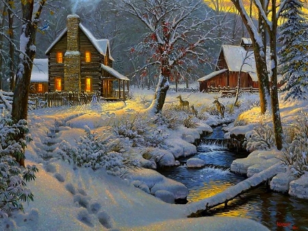 Winter night - house, winter, beautiful, splendor, landscape, night, forest, lovely, colorful, river, deer, lights, barn