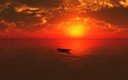 Alone Boat in Sea - sky, clouds, boat, sunset, sea, nature