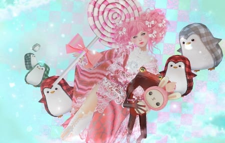 Fantasy girl - penguin, rendering, pink, lollipop, game, candy, girl, blue, creature, fantasy, woman