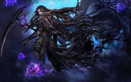 Creature of darkness - purple, black, beauty, game, dark, girl, blue, fantasy, luminos, woman