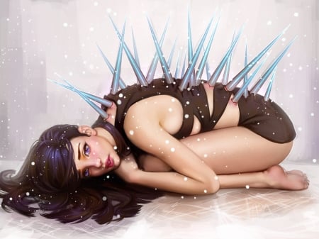 Ice spikes - winter, black, ayyasap, girl, blue, art, white, ice spikes, fantasy, amethyst eyes, woman