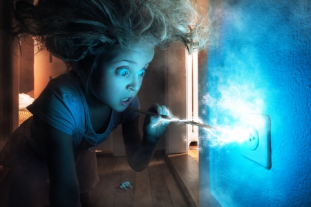 Just a knitting needle and a wall socket - danger, electricity, blue, girl, john wilhelm, creative, child, fantasy, situation