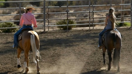 Training Day - style, girls, western, women, models, hats, ranch, cowgirls, horses, brunettes, rodeo, fun, female, boots