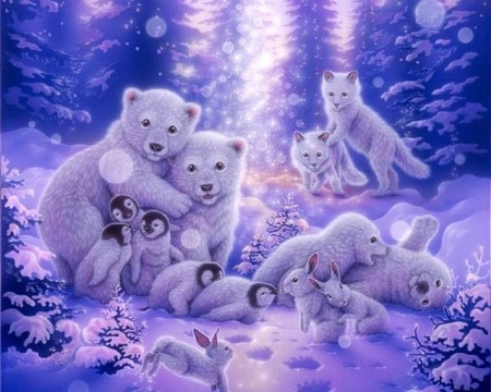 Winter of Love - love, xmas and new year, animals, winter, polar bears, rabbits, foxes, love four seasons, holidays, penguins, earless seals, snow, family, beloved valentines