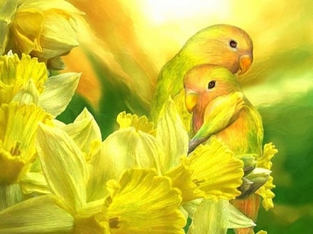 Love Among Daffodils - love, love four seasons, yellow, animals, colors, beloved valentines, flowers, birds