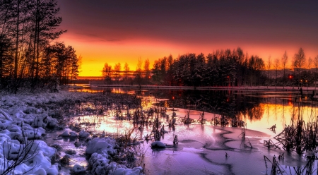 Winter sunset - lake, sky, landscape, trees, winter, sunset, serenity, glow, amazing, reflection, frost, snow, river, beautiful