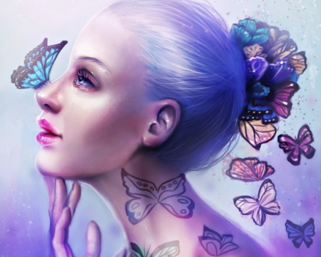 Butterfly - profile, blue, girl, sandramalie, beauty, pink, fantasy, purple, woman, wings, butterfly, art