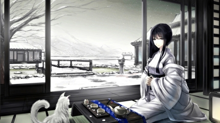 Winter day - anime, winter, geisha, girl, kimono, cat, kikivi, black, manga, white, woman