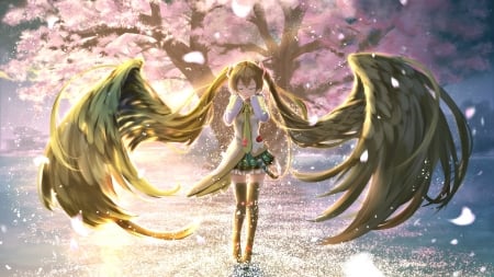 Angel - pink, spring, vocaloid, anime, kouji, girl, manga, wings, petals, golden, angel, hatsune miku