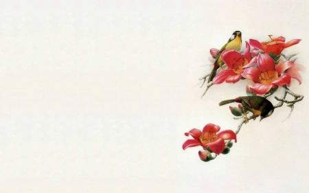 Birds and flowers - minimalism, bird, white, red, flower, art