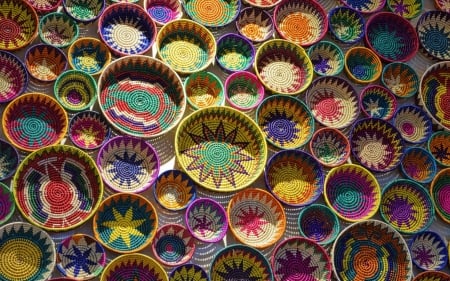 Colorful baskets - yellow, blue, pink, basket, colorful, rainbow, bowl, red, green, texture