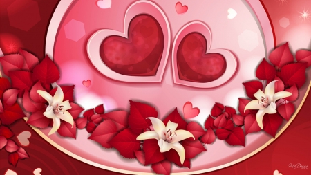 Flowers from the Heart - rose petals, February, romance, love, pink, leaves, flowers, red, Valentines Day, hearts