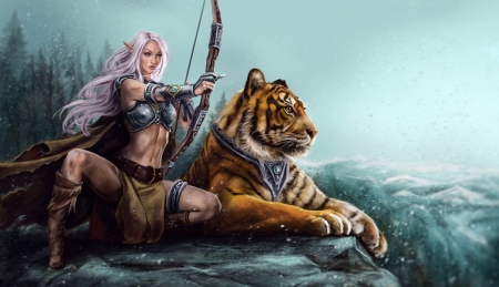 elf with tigar - abstract, fantasy, lady, tigar, dark ages