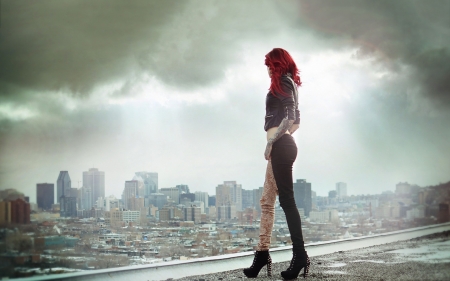 Redhead - city, redhead, woman, model