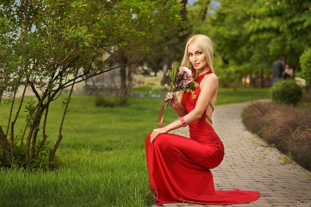 Elegant Beauty - woman, model, red, dress