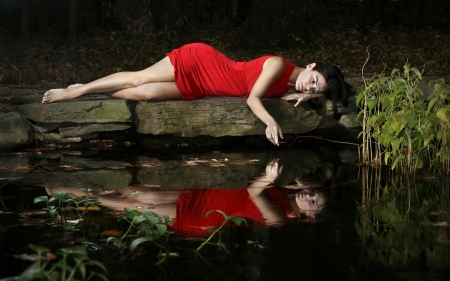 Lady in Red - beauty, reflection, woman, model