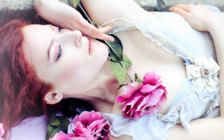 Sleeping Beauty - woman, sleeping, flowers, model