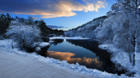 Evening Reflections - mountains, forest, snow, river