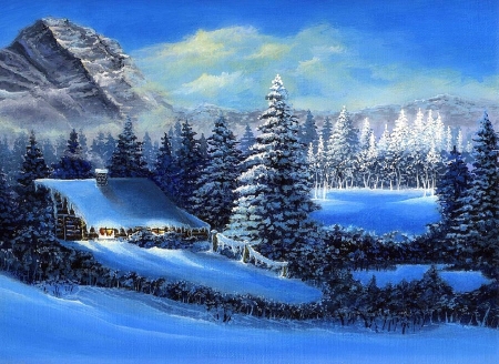 Winter Cabin - xmas and new year, attractions in dreams, trees, draw and paint, winter, mountains, cabins, love four seasons, holidays, snow, paintings