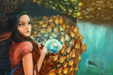 The pearl - blue, girl, sea, orange, fantasy, underwater, red, fish, art, pearl