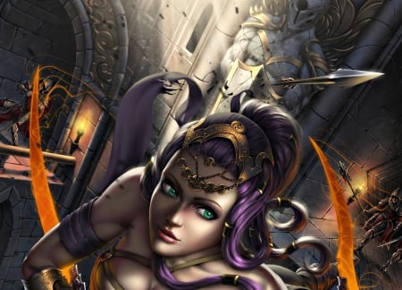 Fantasy girl - purple, fantasy, beauty, green eyes, game, orange, girl, woman