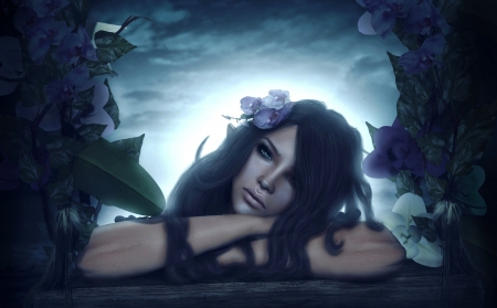 Fantasy girl - beauty, woman, women, rendering, elf, girl, orchid, fantasy, cgi, purple, 3d, blue, green, flowers, flower