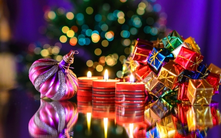 Happy Holidays! - red, purple, lights, pink, craciun, christmas, card, golden, gift, tree, deco, green