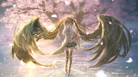 Unique Wings - wings, long hair, light, vocaloid, tree, anime, hatsune miku