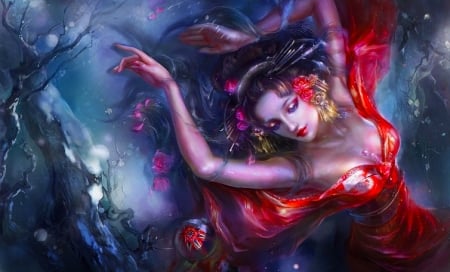 Exotic Beauty - digital, pretty, beautiful, flowers, girl, sleeping, art, figure, fantasy, female, asian, woman